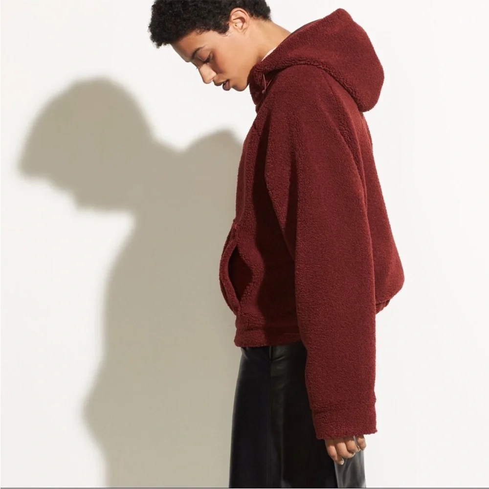 Vince Cozy Faux Sherpa shearling Pullover Hoodie in Anise red medium sweatshirt - Picture 3 of 17